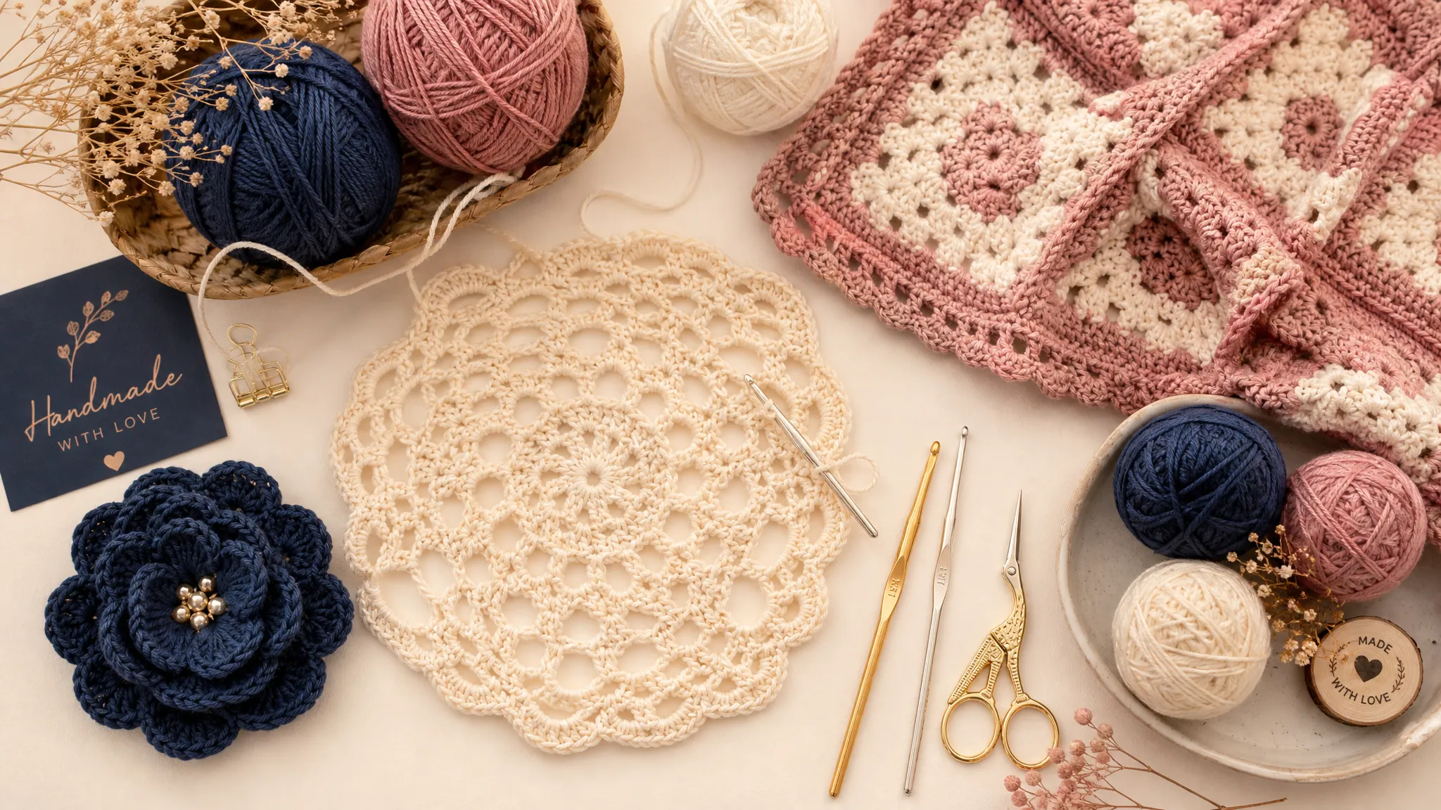 Handmade crochet yarn and hooks arranged on cream background